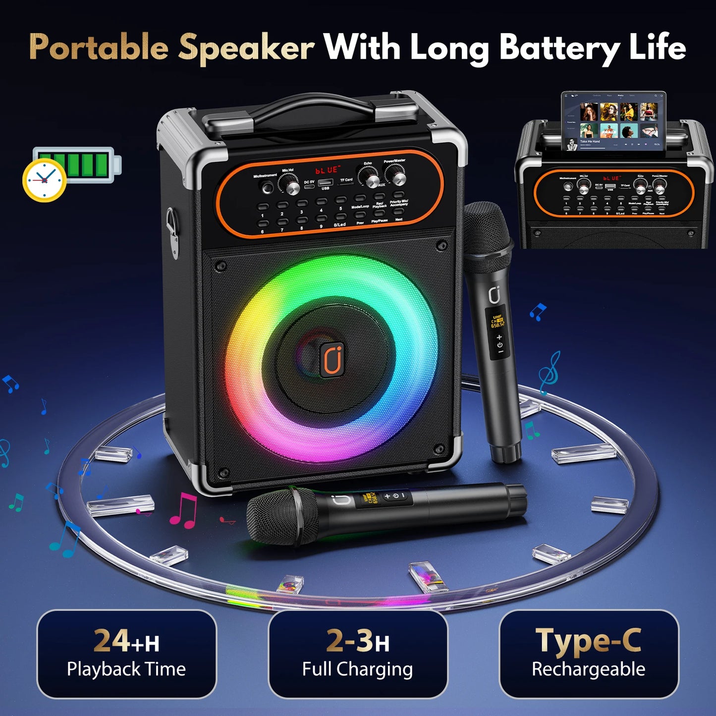 S68 Portable Bluetooth 5.3 Karaoke Speaker with 2 Microphones