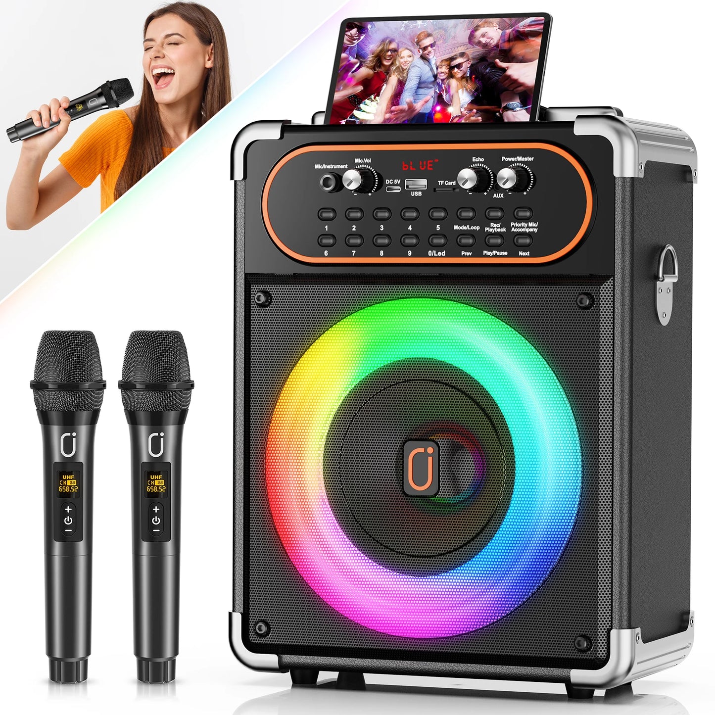 S68 Portable Bluetooth 5.3 Karaoke Speaker with 2 Microphones