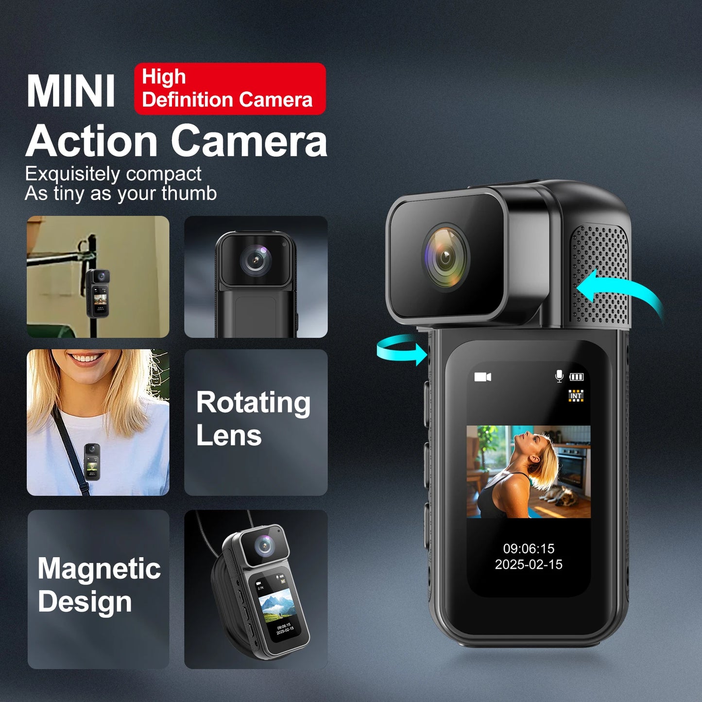 Mini 2.7K HD Action Camera | 180° Rotatable & Magnetic