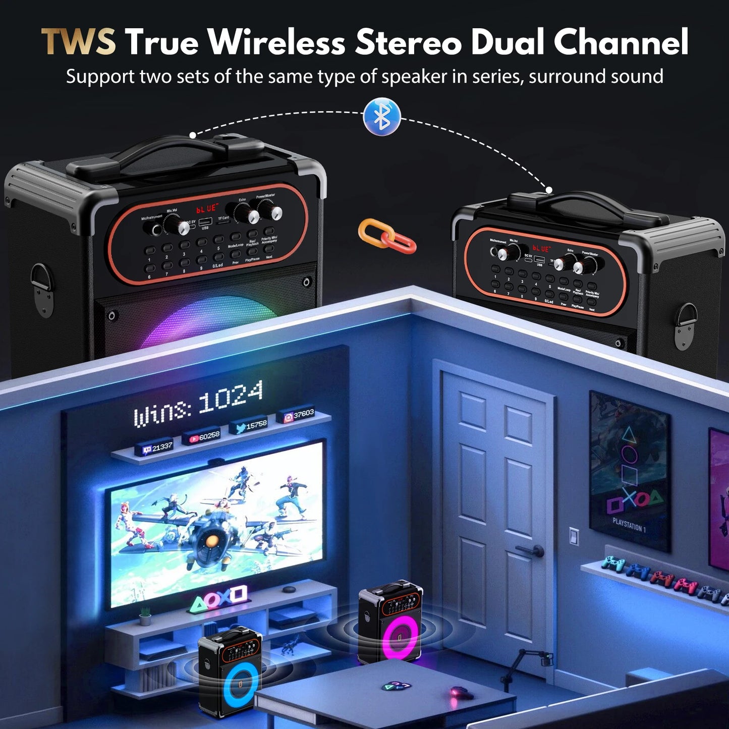 S68 Portable Bluetooth 5.3 Karaoke Speaker with 2 Microphones