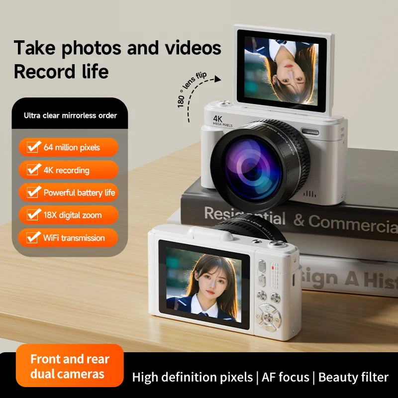 4K 64MP Retro Compact Digital Camera with Autofocus